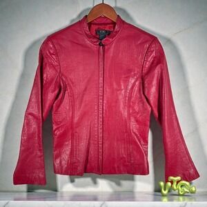 VINTAGE BCBG Max‎ Azria Y2K Cherry Red Leather Jacket | Fitted Moto | Women's M
